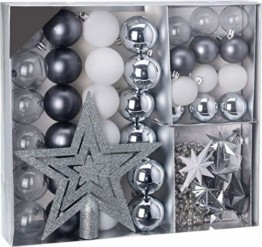 Weihnachtsbaumschmuck Set - 45 teilig in Silbertönen (Silber, Schwarz, Weiß etc.) - 36 Kugeln, Weihnachtsbumspitze, Dekosterne und Kette - 1