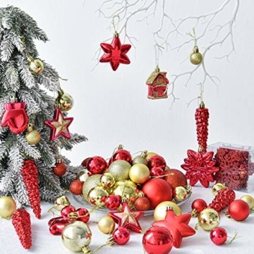 WEYON 113 Stück Christbaumkugeln Set Weihnachtskugeln aus Kunststoff Golden & Rot Baumschmuck Weihnachtsbaum Deko & Christbaumschmuck in unterschiedlichen Größen und Designs - 6