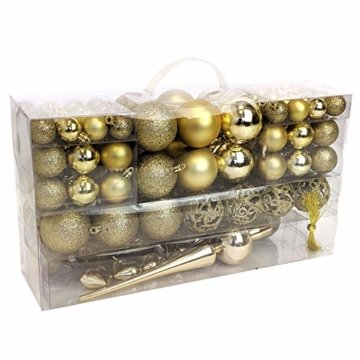 Wohaga 105 Stück Weihnachtskugeln 'Glamour' Christbaumkugeln Baumschmuck Weihnachtsbaumschmuck Baumkugeln, Farbe:Gold - 1