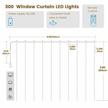 WOWDSGN Lichtervorhang 3m x 3m 300LEDs USB Lichterkette Vorhang mit 8 Leuchtmodi Wasserdicht Warmweiß Ideal für Weihnachten Geburtstage Party Hochzeiten Fenster etc. - 7