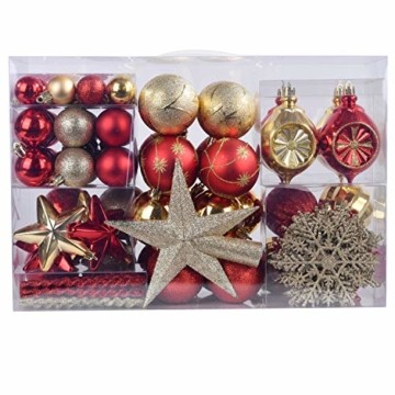 YILEEY Weihnachtskugeln Weihnachtsdeko Set Gold und Rot 108 STK in 15 Farben, Kunststoff Weihnachtsbaumkugeln Box mit Aufhänger Christbaumkugeln Plastik Bruchsicher, Weihnachtsbaumschmuck, MEHRWEG - 1