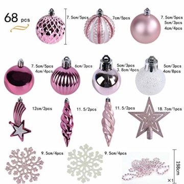 YILEEY Weihnachtskugeln Weihnachtsdeko Set Rosa 68 STK in 14 Farben, Kunststoff Weihnachtsbaumkugeln Box mit Aufhänger Christbaumkugeln Plastik Bruchsicher, Weihnachtsbaumschmuck, MEHRWEG - 2