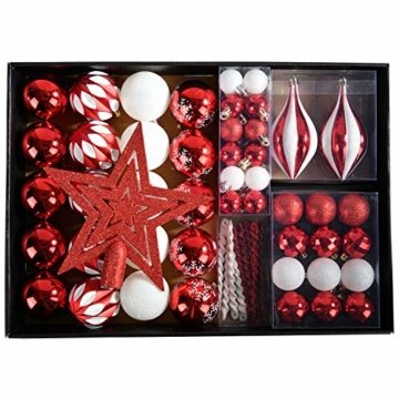 YILEEY Weihnachtskugeln Weihnachtsdeko Set Rot und weiß 68 STK in 10 Farben, Kunststoff Weihnachtsbaumkugeln Box mit Aufhänger Christbaumkugeln Plastik Bruchsicher, Weihnachtsbaumschmuck, MEHRWEG - 1