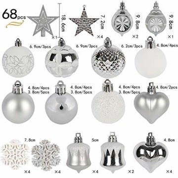 YILEEY Weihnachtskugeln Weihnachtsdeko Set Silber und Weiß 68 STK in 21 Farben, Kunststoff Weihnachtsbaumkugeln Box mit Aufhänger Christbaumkugeln Plastik Bruchsicher, Weihnachtsbaumschmuck, MEHRWEG - 4