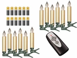 12-er Set Weihnachtsbaumkerzen ✔ kabellos ✔ Timer ✔ Dimmfunktion ✔ Flacker-Modus ✔ GS geprüft ✔ inkl. Batterien ✔ Weihnachtsbeleuchtung für Innen & geschützten Außenbereich (Gold) - 1