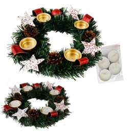 Annastore Adventskranz für Teelichter, fertig dekoriert Ø 30 cm inkl. 4 Teelichtern (Rot) - 1