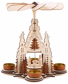 Brubaker Weihnachtspyramide Kathedrale 29 cm - Maria, Josef und Jesus - 2 Etagen - Teelichtpyramide mit 4 Teelichthaltern aus Metall - Holz Natur - 1