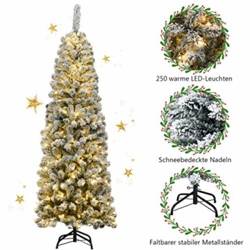 COSTWAY 180cm Bleistift Weihnachtsbaum mit Schnee und 250 warmweißen LED-Leuchten, künstlicher Tannenbaum mit Metallständer, Christbaum 500 Spitzen PVC Nadeln, Kunstbaum Weihnachten Klappsystem Grün - 7