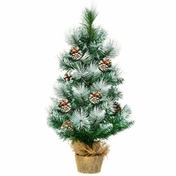 COSTWAY 60cm Künstlicher Mini Weihnachtsbaum, Tisch Tannenbaum mit Zementbasis, schneebedeckter Christbaum mit Kiefernzapfen, Kunstbaum Weihnachten 34 Spitzen PVC Nadeln, grün - 1