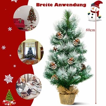 COSTWAY 60cm Künstlicher Mini Weihnachtsbaum, Tisch Tannenbaum mit Zementbasis, schneebedeckter Christbaum mit Kiefernzapfen, Kunstbaum Weihnachten 34 Spitzen PVC Nadeln, grün - 7