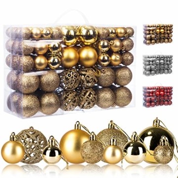 KATELUO 100 Stück Weihnachtskugeln Kunststoff, Christbaumkugeln, Weihnachtsdeko, Weihnachtskugeln Gold, Glitzernd, Matt, Glänzend Weihnachtskugeln Set, Ø 3, 4 & 6cm (Gold) - 1