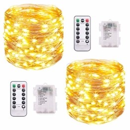 LED Lichterkette Batterie, [2 Stück] VOKSUN 14M 140LED Lichterkette, 8 Modi Kupferdraht Licht Wasserdicht mit Fernbedienung Timer, für Weihnachten Party Hochzeit DIY, Innen/Außen Dekoration (Warmweiß) - 1