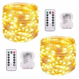 LED Lichterkette Batterie, [2 Stück] VOKSUN 14M 140LED Lichterkette, 8 Modi Kupferdraht Licht Wasserdicht mit Fernbedienung Timer, für Weihnachten Party Hochzeit DIY, Innen/Außen Dekoration (Warmweiß) - 1