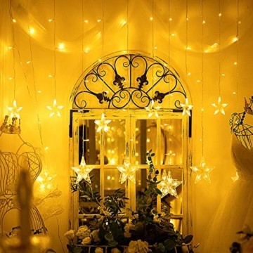 LED Lichterkette mit 12 Sterne, 138er LED Lichtervorhang weihnachtslichter Sternenvorhang 8 Modi Für Innen Außen, Sterne Vorhang Lichter, Weihnachten, Party, Hochzeit, Garten, Balkon, Deko (Warmweiß) - 1