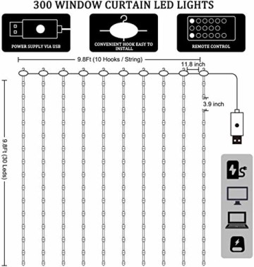 LED Lichtervorhang - 3Mx3M 300 LED Lichterkettenvorhang 12 Modi IP65 Wasserdicht USB Lichterketten Vorhang für Garten, Pavillon, Party, Weihnachten, Schlafzimmer,Warmweiß - 2