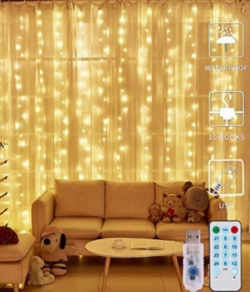 LED Lichtervorhang - 3Mx3M 300 LED Lichterkettenvorhang 12 Modi IP65 Wasserdicht USB Lichterketten Vorhang für Garten, Pavillon, Party, Weihnachten, Schlafzimmer,Warmweiß - 1