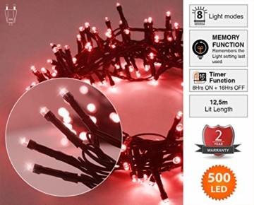 Lichterkette 500 LED 12.5m/41 ft Weihnachtsbaum beleuchtung, Lichtkette innen außen Für Weihnachten/Weihnachtslichter/Hochzeiten/Partys/Weihnachtsdekorationen rot - Grün Kabel - 4