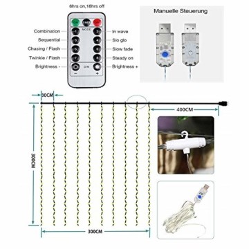 Lichtervorhang Aussen 3x3m,300 LEDs USB Vorhang lichterkette, Weihnachtsdeko Fenster Beleuchtet 8 Modi mit Fernbedienung Innen und Außen Vorhang Lichter für Zimmer Schlafzimmer Hochzeit Deko, Warmweiß - 2