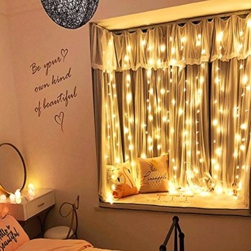 Lichtervorhang Aussen 3x3m,300 LEDs USB Vorhang lichterkette, Weihnachtsdeko Fenster Beleuchtet 8 Modi mit Fernbedienung Innen und Außen Vorhang Lichter für Zimmer Schlafzimmer Hochzeit Deko, Warmweiß - 4