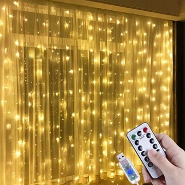 Lichtervorhang Aussen 3x3m,300 LEDs USB Vorhang lichterkette, Weihnachtsdeko Fenster Beleuchtet 8 Modi mit Fernbedienung Innen und Außen Vorhang Lichter für Zimmer Schlafzimmer Hochzeit Deko, Warmweiß - 1