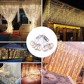 Lichtervorhang Aussen 3x3m,300 LEDs USB Vorhang lichterkette, Weihnachtsdeko Fenster Beleuchtet 8 Modi mit Fernbedienung Innen und Außen Vorhang Lichter für Zimmer Schlafzimmer Hochzeit Deko, Warmweiß - 6