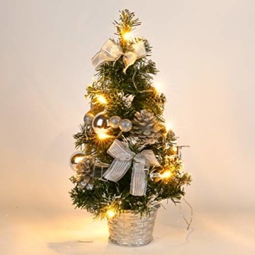 Lucoss Mini Weihnachtsbaum klein Künstlicher Tannenbaum Silber mit LED Beleuchtung, Baumschmuck Weihnachtskugeln Künstliche Weihnachtsbäume Weihnachts Desktop Dekoration 40CM - 1