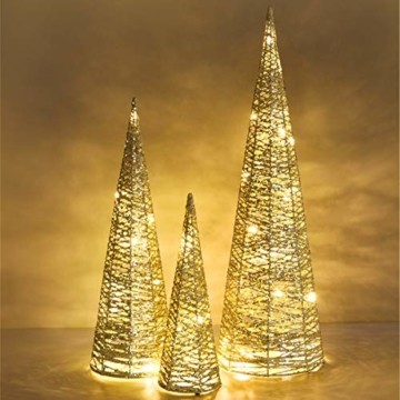 Luxspire LED Pyramide Kegelform Lichte, 3 Stück Advent Deko Leuchte Kleine Pailletten Eisendraht Laterne mit Timer Weihnachtslicht für Hause Weihnachten Dekoration Innen Außen Beleuchtung, Gold - 1