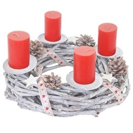 Mendler Adventskranz rund, Weihnachtsdeko Tischkranz, Holz Ø 30cm weiß-grau ~ mit Kerzen, rot - 1