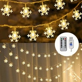Remifa Led Lichterkette Schneeflocken Warmweiß 10M mit Fernbedienung und Timer Wasserdicht Lichterketten 8 Modi USB für Innen und Außen Zimmer Garten Weihnachten Dekoration Partylichterkette - 1
