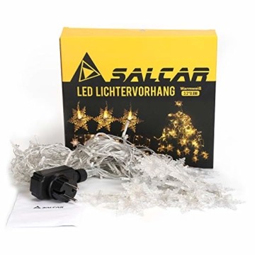 SALCAR 3m LED Lichtervorhang, 18er schneeflocke LED Lichterkette, Wasserdicht Innen/Außen Weihnachtsdeko 108er Leuchtioden Lichtervorhang Sternenvorhang - Warmweiß - 7
