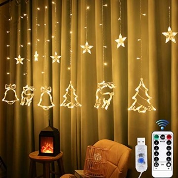 Sternenvorhang, Weihnachten Lichterkette, Fenster Beleuchtung Weihnachten, Led Lichtervorhang 2.5x0.8m, 138 Led Lichterkette mit Fernbedienung für Innen AußEn Weihnachtsdeko [Usb Port, Warmweiß] - 1