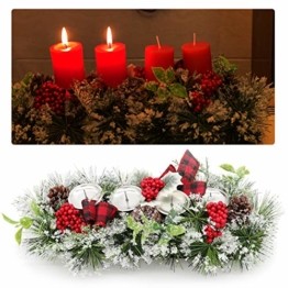 Unifree Adventskranz - Bereift Tanne Weihnachten Kerzenhalter Kerzenringe Kerzenständer Dekorativ Tannenzapfen Rote Beeren Bogen, Christmas Kerzenlicht Stehen für Advent Tischdeko Deko - 1