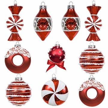 Valery Madelyn 10 Stücke Glas Weihnachtskugeln Set 9-14cm Rot Weiß Glas Christbaumkugeln mit Aufhänger Weihnachtsbaumschmuck Weihnachtsdeko Süßigkeiten Thema - 1