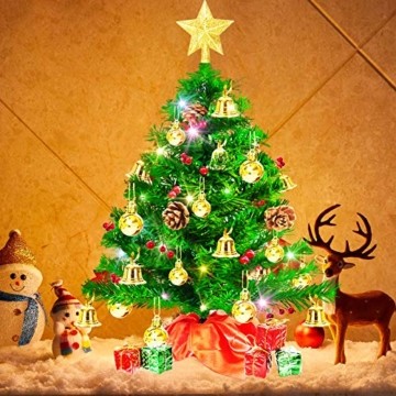 Weihnachtsbaum klein 50cm, künstlicher Christbaum mit bunter batteriebetriebener Lichterkette, Baumspitze, Kugeln, Schelle, Beeren, Kiefernzapfe, Weihnachtsdeko, Mini Tannenbaum für Tisch, Büro - 11