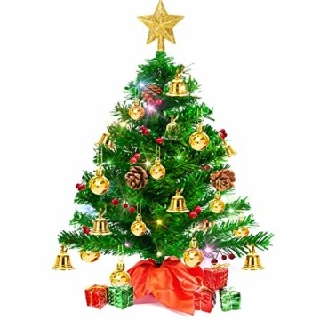 Weihnachtsbaum klein 50cm, künstlicher Christbaum mit bunter batteriebetriebener Lichterkette, Baumspitze, Kugeln, Schelle, Beeren, Kiefernzapfe, Weihnachtsdeko, Mini Tannenbaum für Tisch, Büro - 1