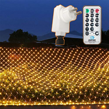 204 LEDs Lichternetz Außen, 3M x 2M Netz Lichterkette Stecker mit Fernbedienung 8 Modi Timer, Wasserdichte Mesh Lichtervorhang, für Christbaum Weihnachten Party Garten Innen Dekorationen, Warmweiß - 1