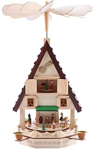 Brubaker Weihnachtspyramide Adventshaus 49 cm - Weihnachtskrippe auf 4 Etagen - Kerzenpyramide mit 4 Kerzenhaltern aus Metall - Holz Natur - handbemalte Figuren - 1