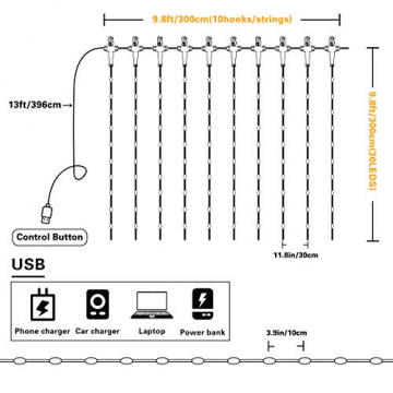 Fulighture LED Lichtervorhang,3M * 3M 300 Leds USB Lichtervorhang mit Fernbedienung,IP67 Wasserfest,Warmweiß,8 Modi Lichterkettenvorhang für Weihnachten Party, Innen und außen Deko - 6