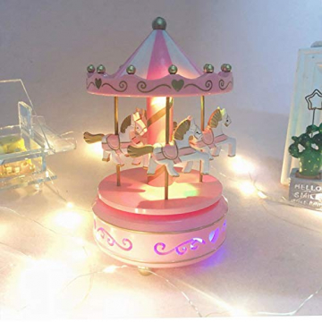Karussell Hölzernes Vintage Spieluhr 4 Pferd Rotierende Musikbox mit bunter Beleuchtung LED Leuchtend Spielzeug Dekoration Weihnachten Geschenk für Mädchen Kinder - 1