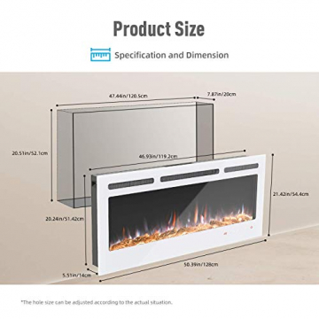 KUPPET 127 cm Elektrischer Kamin Versenkt und an der Wand Montiert mit Sicherheitsabschaltung & Digitaler LED-Anzeige, Touchscreen-Bedienbildschirm & Fernbedienung & Timer, Weißes Glas - 5
