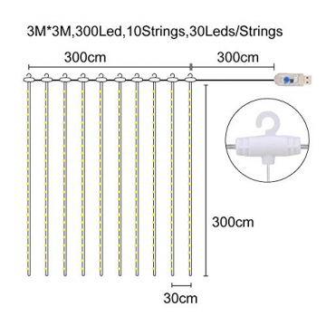 Mitening LED USB Lichtervorhang 3m x 3m, 300 LED Lichterkettenvorhang mit 8 Modi Lichterkette Gardine für Schlafzimmer Partydekoration Innenbeleuchtung Weihnachten Deko Warmweiß, Energieklasse A+++ - 2