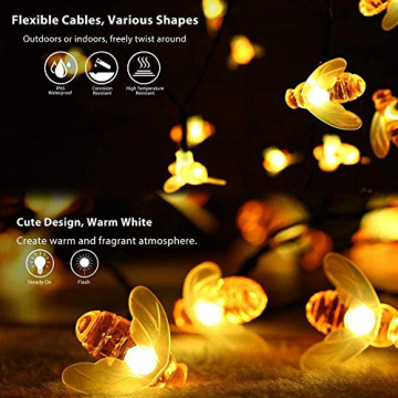 Solar Lichterkette Aussen,66LED Bienen lichterkette Wasserdichte 8 Modi , dekorativ für Garten, Rasen, Terrasse, Sommerfest, Weihnachten,Feiertag (Warmweiß) - 4