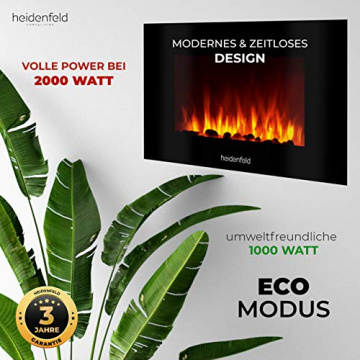 Heidenfeld Wandkamin Elektrisch HF-WK100 mit Fernbedienung - 3 Jahre Garantie - 1000 oder 2000 Watt - Flammensimulation - Heizthermostat - Kaminofen Elektrokamin Kaminfeuer (WK100C Flach Steinoptik) - 4