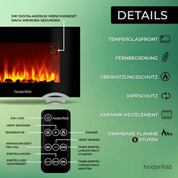 Heidenfeld Wandkamin Elektrisch HF-WK100 mit Fernbedienung - 3 Jahre Garantie - 1000 oder 2000 Watt - Flammensimulation - Heizthermostat - Kaminofen Elektrokamin Kaminfeuer (WK100C Flach Steinoptik) - 5