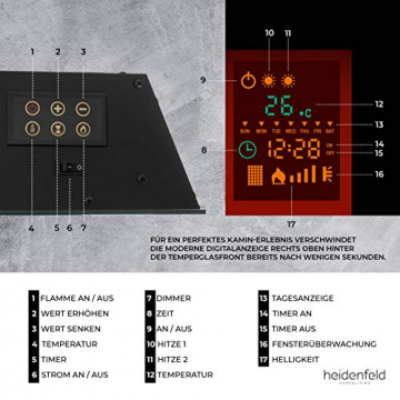 Heidenfeld Wandkamin Elektrisch HF-WK100 mit Fernbedienung - 3 Jahre Garantie - 1000 oder 2000 Watt - Flammensimulation - Heizthermostat - Kaminofen Elektrokamin Kaminfeuer (WK100C Flach Steinoptik) - 7