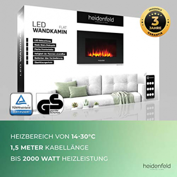 Heidenfeld Wandkamin Elektrisch HF-WK100 mit Fernbedienung - 3 Jahre Garantie - 1000 oder 2000 Watt - Flammensimulation - Heizthermostat - Kaminofen Elektrokamin Kaminfeuer (WK100C Flach Steinoptik) - 9