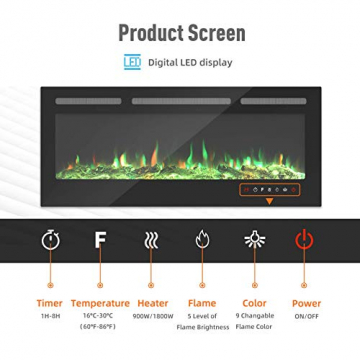 KUPPET 127 cm Elektrischer Kamin Versenkt und an der Wand Montiert mit Sicherheitsabschaltung & Timer, Touchscreen-Bedienbildschirm & Fernbedienung, Digitaler LED-Anzeige, Schwarzem Glas - 2