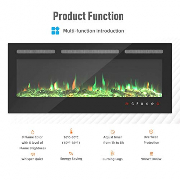 KUPPET 127 cm Elektrischer Kamin Versenkt und an der Wand Montiert mit Sicherheitsabschaltung & Timer, Touchscreen-Bedienbildschirm & Fernbedienung, Digitaler LED-Anzeige, Schwarzem Glas - 3