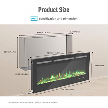 KUPPET 127 cm Elektrischer Kamin Versenkt und an der Wand Montiert mit Sicherheitsabschaltung & Timer, Touchscreen-Bedienbildschirm & Fernbedienung, Digitaler LED-Anzeige, Schwarzem Glas - 5