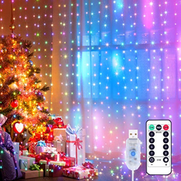 Yizhet Lichtervorhang 3x3m LED Lichterkette LED Lichterkettenvorhang mit 8 Modi, IP44 Wasserdicht Deko für Weihnachten, Partydekoration, Innenbeleuchtung (300LED, Bunt) - 1